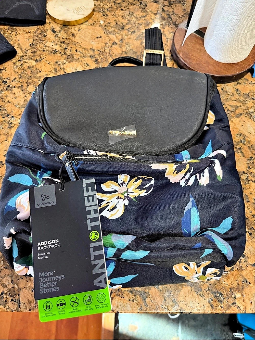 Travelon Anti-Theft Addison Backpack in Midnight-Floral NWT